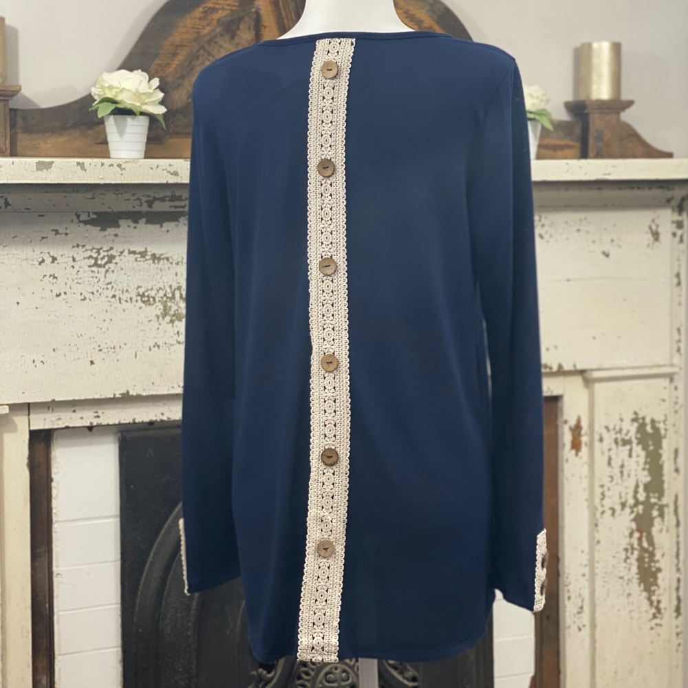 Navy Crochet Sleeve & Back Long Sleeve!